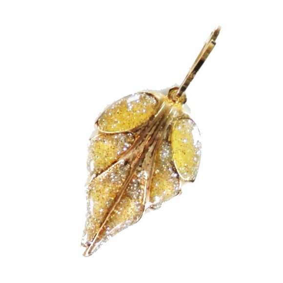 Vtg Gold Tone Single Leaf "Diamond Dust" Enamel Necklace Pendant Nature Floral - Picture 1 of 4
